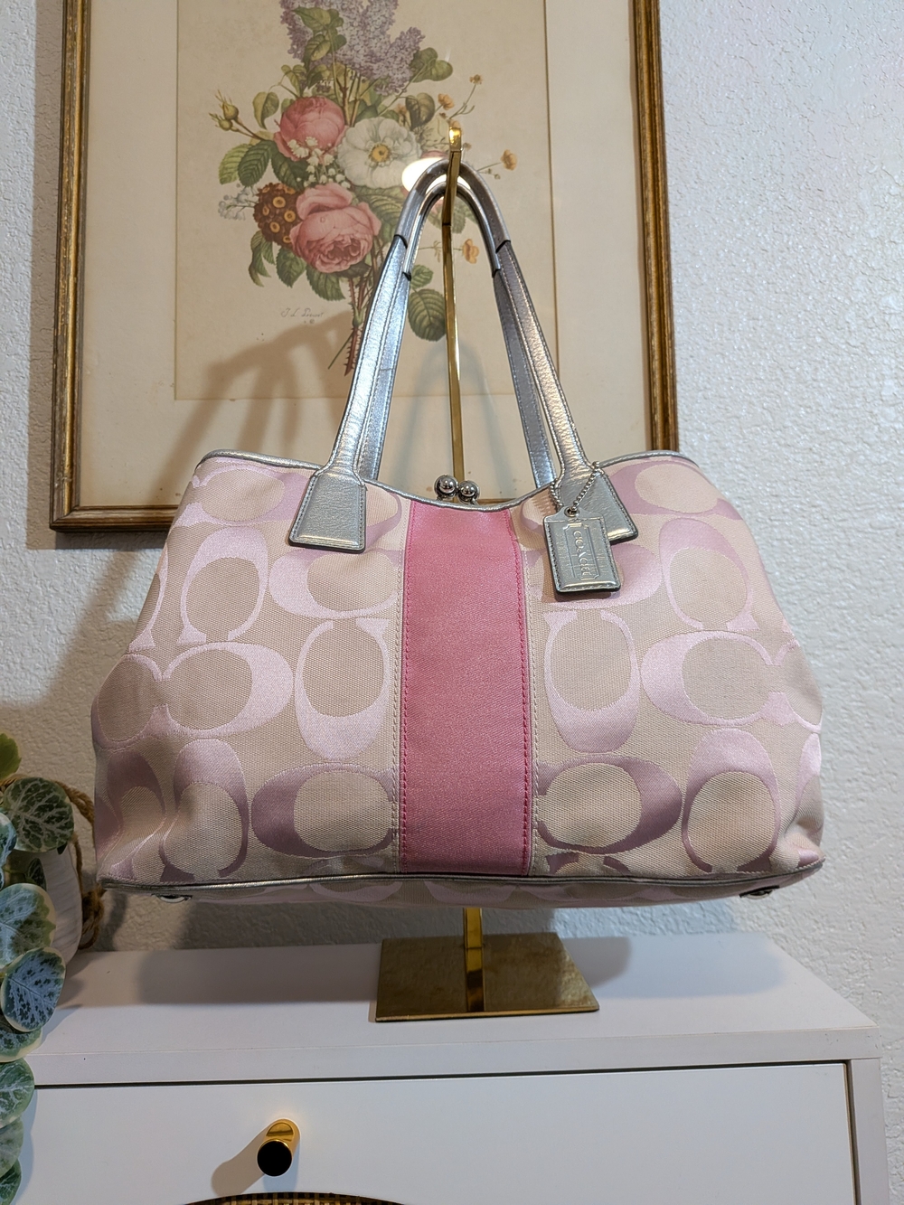 Coach F13533 Pink Signature Frame Kisslock Stripe Carryall
